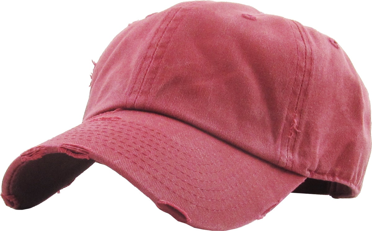 Pigment Washed Maroon Distressed Vintage Baseball Cap Front Side View